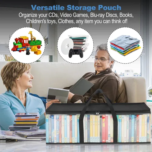 Vista 6 de Bolsas de almacenamiento de DVD CCidea (Set de 2) Funda de PVC transparente con asas para cajas de DVDs/CDs/VHS/Blu Ray/Películas/Videojuegos - Cada