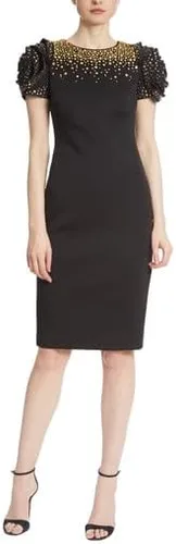Vista 2 de Badgley Mischka Gold Studded Sheath Dress with Rosette Sleeves