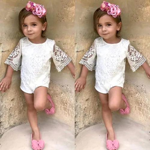 Vista 7 de Bebé Bebé Niña Blanca Hueco Ruffles Manga Encaje Mameluco Sunsuit Body