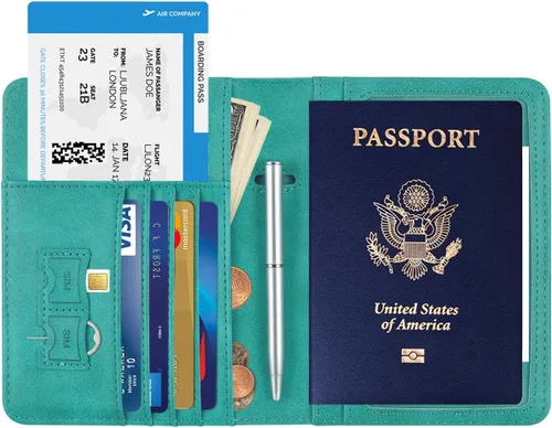 Vista 5 de HOTCOOL Funda de cuero con bloqueo RFID para pasaporte, funda de viaje para pasaporte, E Upgrade - A - Verde manzana, Correa elástica - Actualización