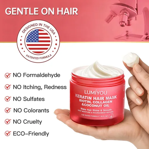 Vista 6 de Mascarilla capilar para cabello dañado, seco, encrespado, rizado, acondicionador de tratamiento de queratina, mascarilla capilar con aceites de coco