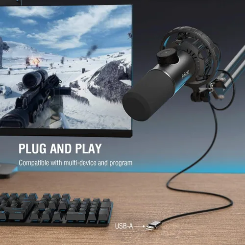Vista 5 de FIFINE - Micrófono USB para juegos, micrófono dinámico RGB con conector de toque para silenciar y auriculares, micrófono cardioide Plug & Play