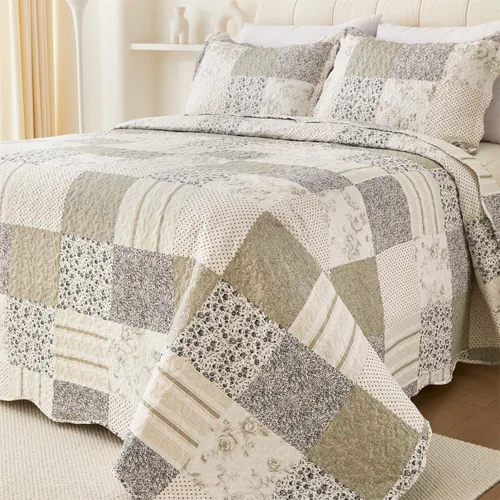 Vista 10 de Cmfshape - Juego de cama con edredón acolchado floral de verano tamaño king, juego de colcha rosa romántico, cubrecama reversible cosido para todas