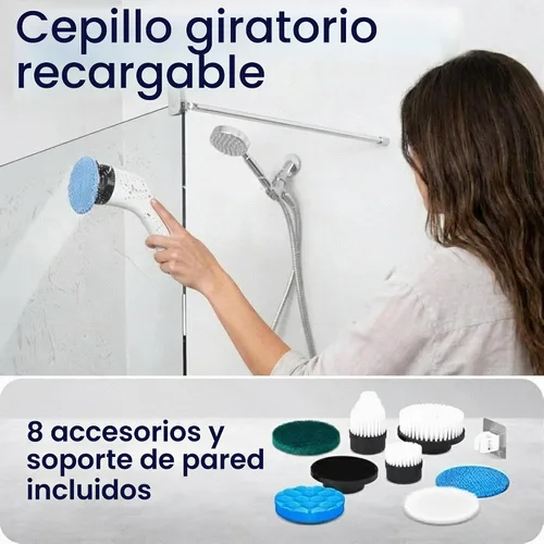 Vista 7 de Cepillo Eléctrico Giratorio para Limpieza - Cepillo de Ducha con Mango Largo y 7 Cabezales Reemplazables - Cepillo de Ducha Inalámbrico de 2
