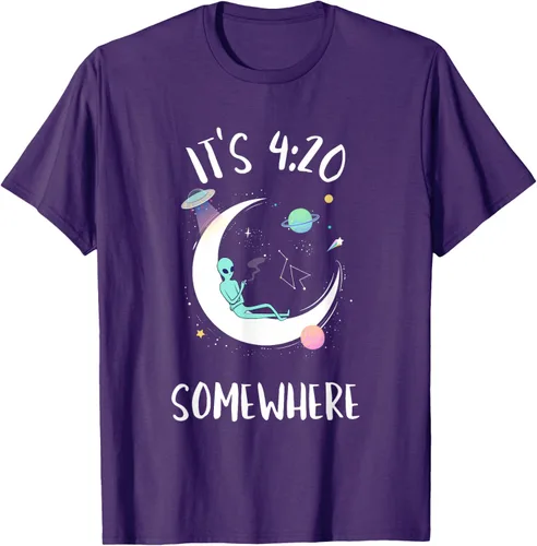Vista 41 de Funny Weed Joint Smoking Moon Alien It's 4:20 Somewhere Camiseta, Negro, S