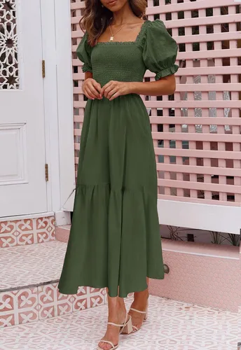 Vista 3 de ZESICA - Vestido de verano largo para mujer, diseño acampanado con cuello cuadrado y volantes, estampado floral y bohemio, para la playa