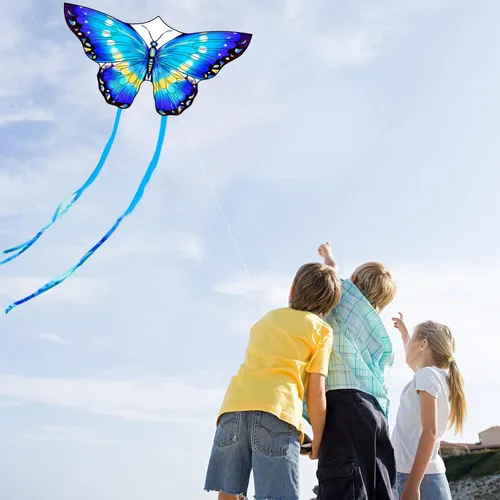 Vista 2 de HONBO Cometas de mariposa para niños y adultos, fáciles de volar para principiantes, cada cometa con mango de línea de 300 pies, cometa para Azul