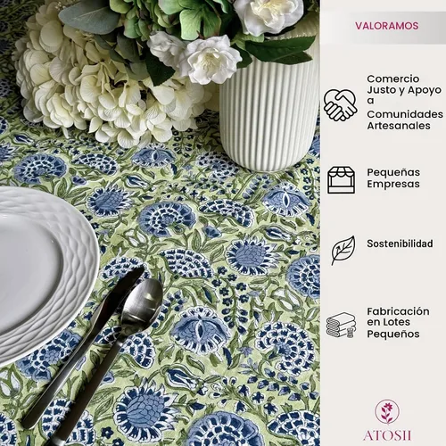 Vista 4 de ATOSII Mantel 100% algodón, Amara, floral, hecho a mano, rectangular, de lino, para cocina, comedor, fiestas, bodas, exteriores, picnics, Pascua