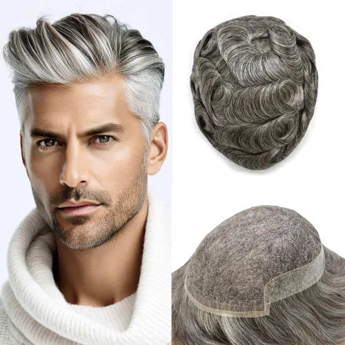 Vista 47 de Mens Toupee Remy Human Hair System For Men Bleached Knot Toupee Hair Piece For Men French Lace Toupee For Men Hairpiece 8X10#17 Dark Ash Blonde 90%