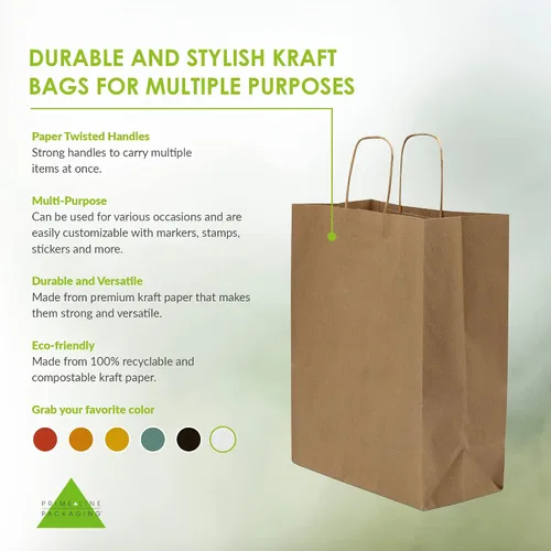 Vista 2 de Prime Line Packaging Bolsas de papel marrones, bolsas de compras medianas con asas para pequeñas empresas, alimentos para llevar, comestibles, venta