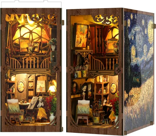 Vista 9 de SUNNINO Kit de Rincón de Libros - Kit de Casa de Muñecas en Miniatura DIY, Rompecabezas 3D de Madera con Luz LED, Kits de Rincón de Libros