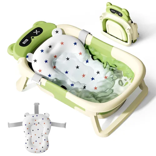 Vista 9 de Bañera para bebé, bañera plegable para recién nacidos a niños pequeños (0-18 meses), bañera plegable para viajar con termómetro, cojín suave, azul