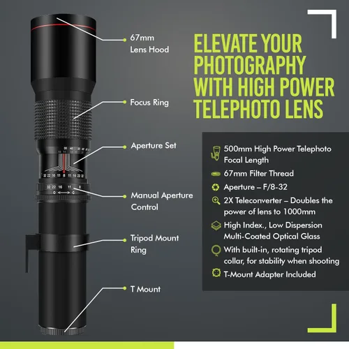 Vista 2 de Lente telefoto manual de 500mm/1000mm f/8 de alta potencia para Canon EOS 80D, 90D, Rebel T3, T3i, T5, T5i, T6i, T6s, T7, T7I, T8I, SL3, 60D, 70D