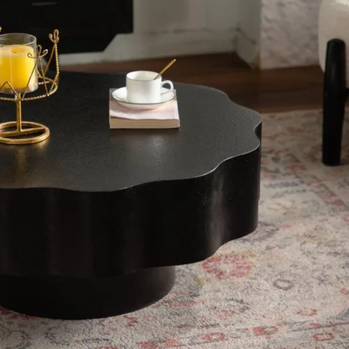 Vista 6 de Mesa de centro redonda de 31.5 pulgadas, moderna mesa de té de madera con forma de borde ondulado, mesa de centro circular de madera de tambor