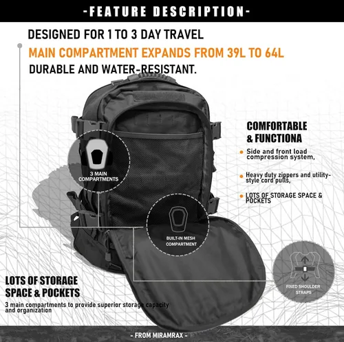 Vista 5 de Mochila táctica Miramrax para senderismo militar - Mochila Molle para hombres, paquete de asalto de 3 días, bolsa de evacuación para camping, viaje