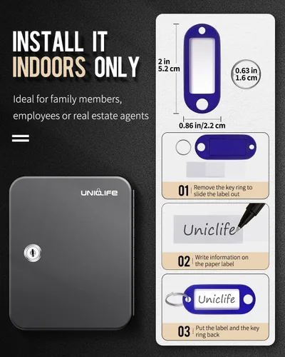 Vista 6 de Uniclife Gabinete de llaves de 20 posiciones con cerradura de llave montada en la pared, caja de almacenamiento de seguridad negra, organizador