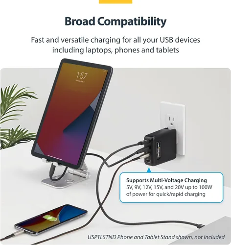 Vista 7 de StarTech - Cargador de pared USB-C GaN de 100 W, adaptador de corriente para MacBook Pro/Air Dell XPS, iPhone 15/Pro, iPad Pro, 2x USB-C/2x USB-A