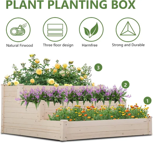 Vista 3 de FDW Jardinera elevada de 3 niveles para exteriores, jardinera de madera de 48 x 48 x 29 pies, con secciones divididas, base abierta para verduras