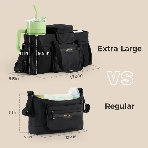 Vista 5 de Momcozy Organizador de Cochecito Extra Grande Max con Bolsa de Chupete de Grado Alimentario 2 Portavasos Aislados Correas Antideslizantes