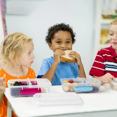 Vista 6 de Paquete de 4 recipientes de plástico para aperitivos con tapas, contenedor de alimentos de 2 compartimentos para caja de aperitivos para niños