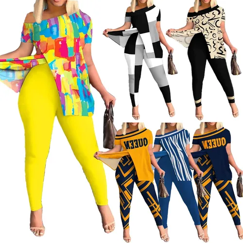 Vista 3 de Ecirod Conjunto de 2 piezas de verano para mujer, con un hombro, estampado floral, parte superior con abertura alta, conjunto de leggings