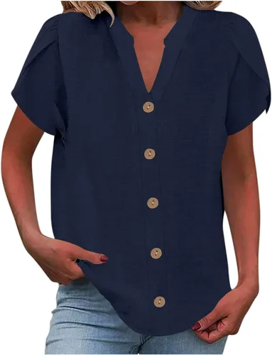 Vista 9 de Camisetas de verano para mujer, de manga corta, pétalos, de lino, con bolsillo, casual, con botones, blusas básicas