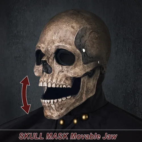 Vista 2 de RRANYF Máscara espeluznante de calavera de cabeza completa de Halloween con mandíbula móvil, casco de látex realista para adultos, esqueleto