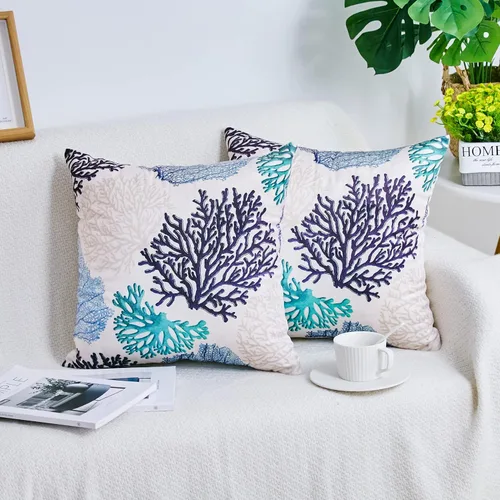 Vista 2 de Juego de 2 fundas de almohada decorativas de terciopelo de lujo con temática de ramas coralinas costeras para sofá, cama, sofá, decoración rural