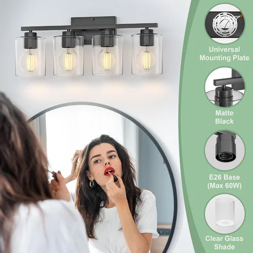 Vista 3 de Honesorn Lámparas de baño de 4 luces, luz de tocador de baño, color negro mate, accesorios de iluminación modernos con pantalla de vidrio