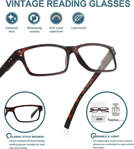 Vista 4 de BLUELESS Gafas de lectura vintage para hombre y mujer (todas las tortugas, +4.00)