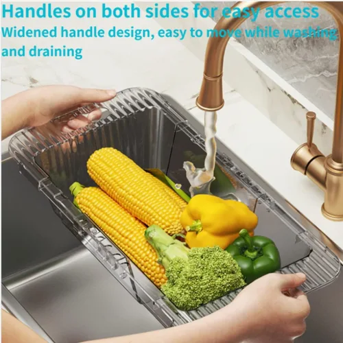 Vista 6 de Cesta coladora para colgar sobre el fregadero, lava verduras y frutas, drena pasta cocida y platos secos, coladores y coladores extensibles