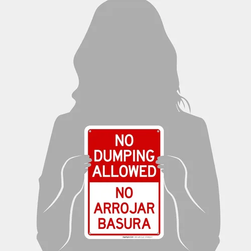 Vista 4 de No se permite el dumping No Arrojar Basura Bilingüe Sign, 10 x 7 pulgadas, aluminio 040 libre de óxido, fabricado en Estados Unidos por Sigo Signs