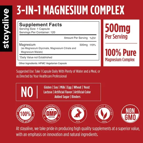 Vista 2 de STAY ALIVE Suplemento complejo triple de magnesio de 500 mg, glicinato quelado, citrato y malato en polvo, magnesio de alta absorción para mujeres