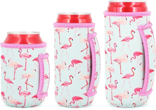 Vista 21 de 3 Pack de fundas aisladas reutilizables de neopreno con asa para soda, bebida energética, refresco, cerveza, seltzer duro, fundas para latas de 12