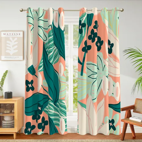 Vista 13 de Tyrot - Cortinas bohemias florales 100% opacas para dormitorio de 63 pulgadas de largo, 2 paneles. Cortinas botánicas de mediados de siglo