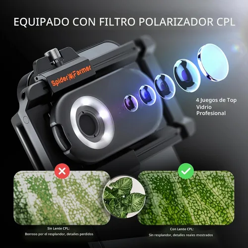 Vista 2 de Microscopio para teléfono Spider Farmer, microscopio portátil de 200 aumentos con luz LED UV, lente CPL para iPhone y teléfono Android, lente