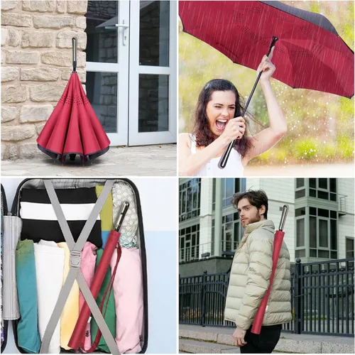 Vista 7 de LFLFWY Inverted Reverse Upside Down Umbrella - 49 inch AutoManual Open Large Double Canopy Design Windproof Stick Umbrellas rain Waterproof Golf