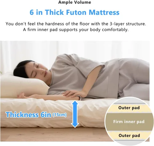 Vista 3 de EMOOR Colchón de futón lavable (Shikibuton) tamaño individual XL fabricado en Japón, relleno de poliéster, firme, tatami