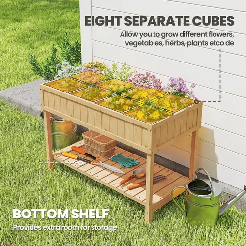 Vista 3 de Outsunny Cama de jardín elevada de 43 x 18 x 30 pulgadas con 8 bolsillos y estante, maceta elevada de madera con patas para cultivar hierbas, Madera