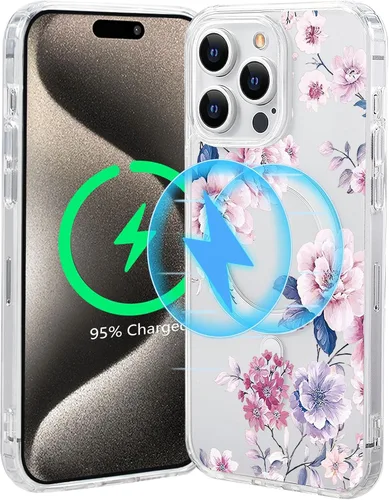 Vista 53 de Funda magnética de flores para iPhone 15 [compatible con MagSafe] Bonito patrón floral transparente a prueba de golpes