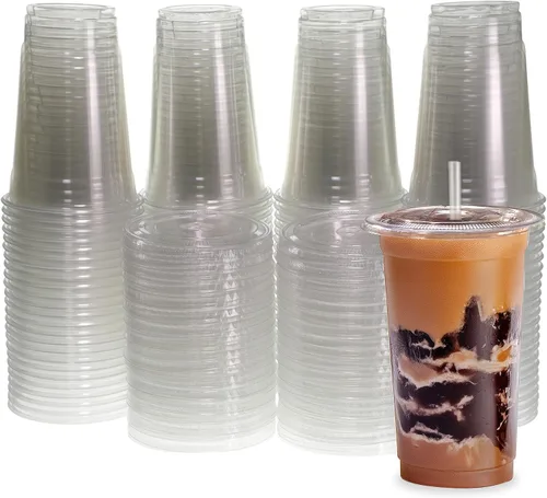 Vista 9 de Freshware Vasos de plástico desechables transparentes de 12 onzas con tapas planas y popotes, paquete de 100 vasos de plástico transparente, vasos