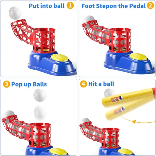 Vista 4 de TEMI Juego de pelota de béisbol 2 en 1 para niños de 3 a 8 años, juego de pelota de béisbol para niños con 10 bolas, máquina de lanzar, camiseta