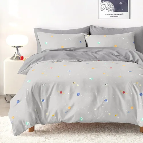 Vista 6 de Wake In Cloud - Juego de edredón espacial, tela 100% algodón, diseño de astronauta con diseño de constelación, cohete y estrella, para niños