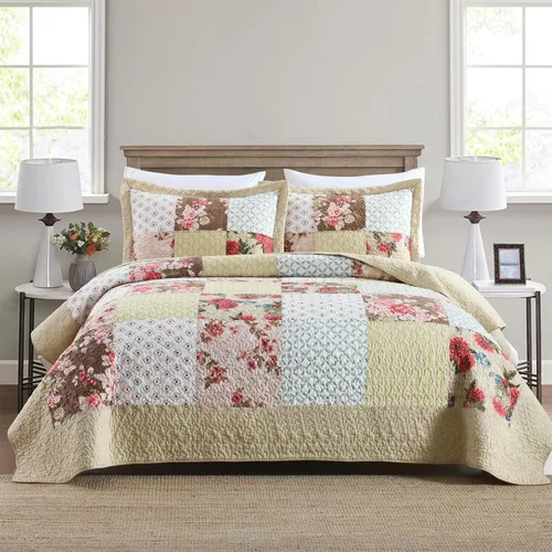 Vista 21 de ABREEZE Juego de edredón de retazos, ropa de cama tamaño Queen, reversible, transpirable, colorido, colcha acolchada floral con fundas de almohada