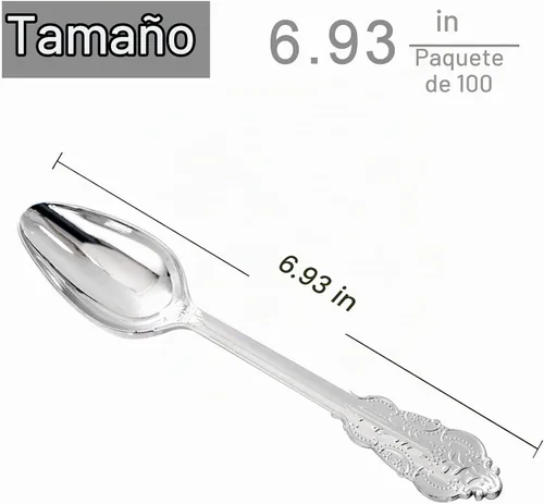 Vista 7 de WDF - 100 cucharas desechables de plástico plateado, cubiertos barrocos plateados de 6.93 pulgadas para pastel de postre, cucharas de plástico