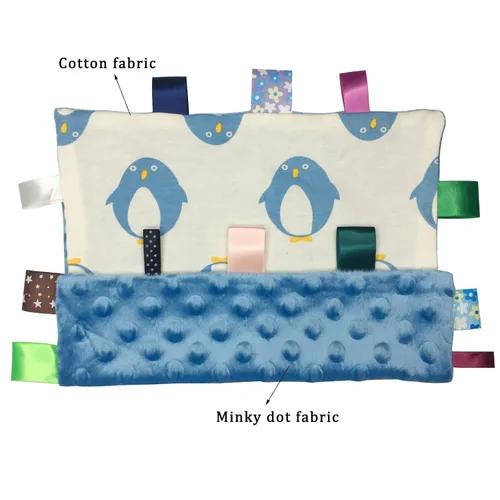 Vista 4 de Lovey - Manta de seguridad para bebé con etiquetas, manta de felpa suave, toalla cómoda y cómoda manta de lunares Minky juguete calmante diseño