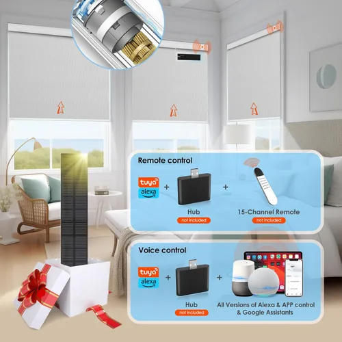 Vista 2 de DENFOON Persianas enrollables de tamaño personalizado con panel solar, persianas eléctricas térmicas opacas con control remoto para ventanas