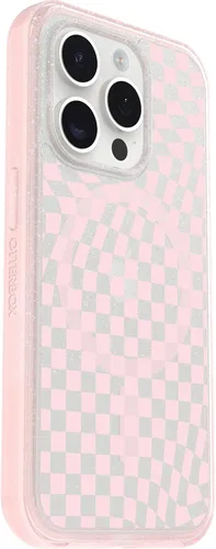 Vista 4 de OtterBox Funda transparente para iPhone 15 Pro (solamente) de la serie Symmetry - Checkmate (rosa), se ajusta a MagSafe, ultra suave, bordes