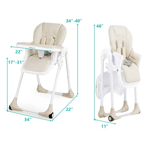 Vista 7 de BABY JOY Silla alta convertible para bebés y niños pequeños, altura ajustable, silla alta Grow & Go con reclinable y reposapiés, bandeja doble Beige