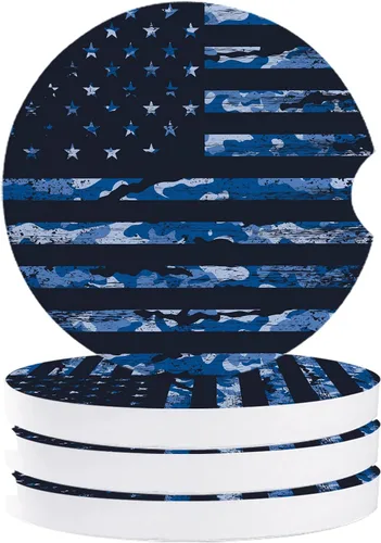 Vista 8 de Portavasos para automóvil para mujeres/hombres, paquete de 2 posavasos absorbentes de cerámica para bebidas, diseño de camuflaje con bandera